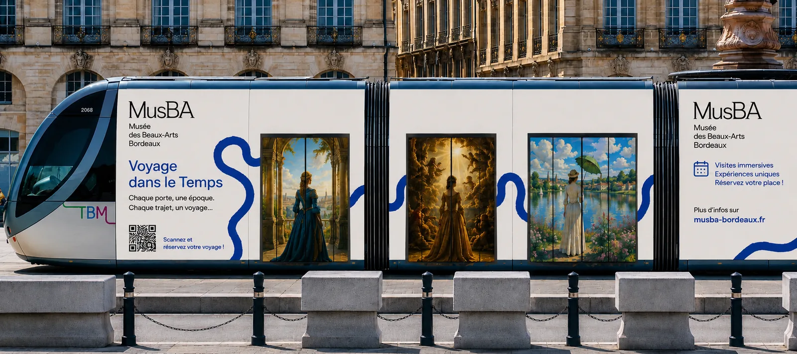 Habillage de tramway aux couleurs de l’exposition Voyage dans le Temps