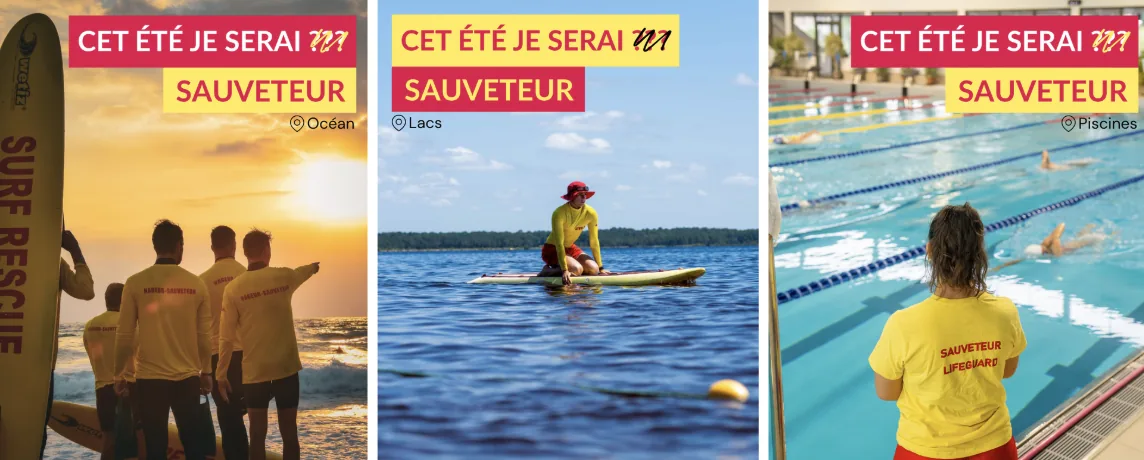 Trois déclinaisons de l’affiche : océan, lacs et piscines