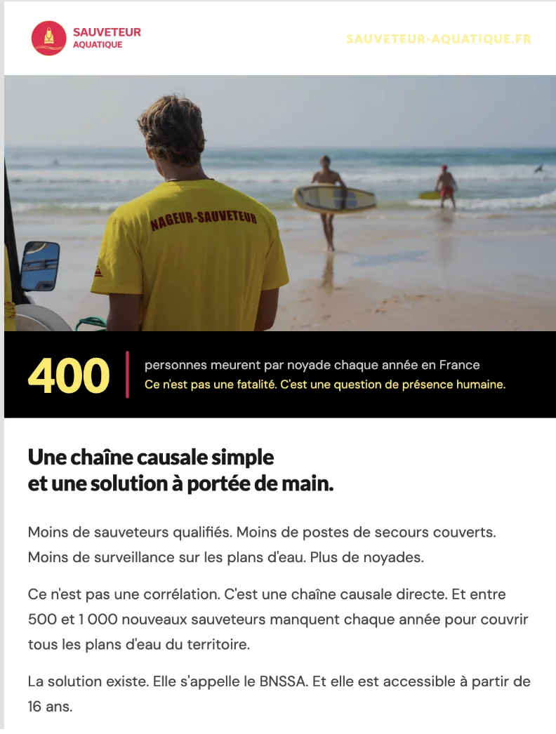 Newsletter rappelant les 400 noyades annuelles et la chaîne causale