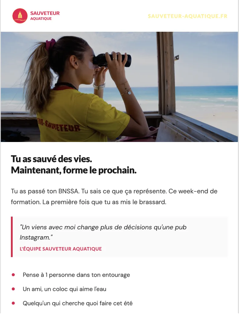 Newsletter invitant les titulaires du BNSSA à former le prochain sauveteur